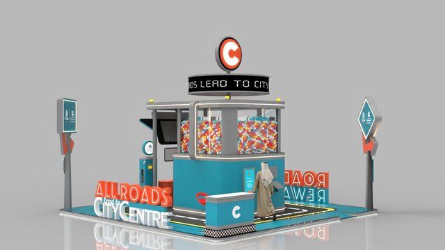 Modern stylized kiosk with 'ALL ROADS LEAD TO CITY CENTRE' signage on a reflective surface.